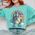 Boston Terrier Riding Dinosaur T-Rex Boys Kids Rainbow Comfort Colors Sweatshirt Chalky Mint