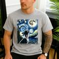 Boston Terrier Dog Art Van Gogh Starry Night Boston Terrier Men's Casual T-Shirt Sport Grey