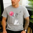 Boston Terrier Dog Blowing Chewing Bubble Gum Pink Men's Casual T-Shirt Sport Grey