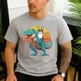 Boston Terrier Dog Riding Dinosaur T Rex Boys Men's Casual T-Shirt Sport Grey