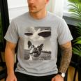 Boston Terrier Dog UFO Alien Extraterrestrial Selfie Men's Casual T-Shirt Sport Grey