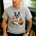 Boston Terrier Ghost Boo Halloween Costume Spooky Season Men's Casual T-Shirt Sport Grey