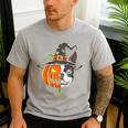 Boston Terrier Pumpkin Jack O Lantern Halloween Men's Casual T-Shirt Sport Grey