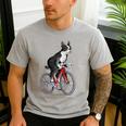 Boston Terrier Riding Bicycle Cute Bostie Biker Raglan Baseball Tee Men's Casual T-Shirt Sport Grey