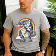 Boston Terrier Unicorn Riding Dinosaur T-Rex Girls Rainbow Men's Casual T-Shirt Sport Grey