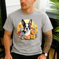 Cute Boston Terrier Spring Flower Garden Colorful Puppy Dog Men's Casual T-Shirt Sport Grey