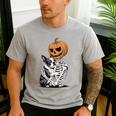 Halloween Skeleton Boston Terrier Men's Casual T-Shirt Sport Grey