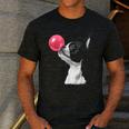 Boston Terrier Dog Blowing Chewing Bubble Gum Pink Men's Casual T-Shirt Dark Grey