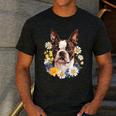 Floral Boston Terrier Men's Casual T-Shirt Dark Grey