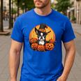 Boston Terrier Bostie Dog Breed Pet Halloween Pumpkins Men's Casual T-Shirt Royal Blue