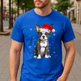 Boston Terrier Christmas Santa Hat Tree Lights Pajama Men's Casual T-Shirt Royal Blue