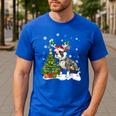 Boston Terrier Christmas Tree Lights Santa Hat Men's Casual T-Shirt Royal Blue