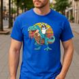 Boston Terrier Dog Riding Dinosaur T Rex Boys Men's Casual T-Shirt Royal Blue