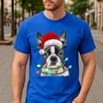 Boston Terrier Dog Santa Christmas Tree Lights Xmas Men's Casual T-Shirt Royal Blue