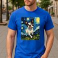 Boston Terrier Dog Starry Night Painting Men's Casual T-Shirt Royal Blue