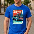 Boston Terrier Merry Christmas Tree Truck Santa Dog X-Mas Men's Casual T-Shirt Royal Blue