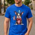 Boston Terrier Puppy Dog Holds His American Flag 4th Of July Men's Casual T-Shirt Royal Blue