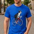 Boston Terrier Riding Bicycle Cute Bostie Biker Raglan Baseball Tee Men's Casual T-Shirt Royal Blue