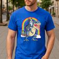 Boston Terrier Riding Dinosaur T-Rex Boys Kids Rainbow Men's Casual T-Shirt Royal Blue