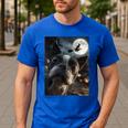 Boston Terrier Selfie Full Moon Flying Witch Halloween Dog Men's Casual T-Shirt Royal Blue