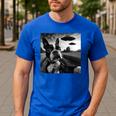 Boston Terrier Graphic Selfie With UFOs Weird Aliens Men's Casual T-Shirt Royal Blue