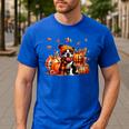 Boston Terrier Thanksgiving Leopard Pumpkins Fall Leaves Men's Casual T-Shirt Royal Blue