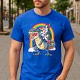 Boston Terrier Unicorn Riding Dinosaur T-Rex Girls Rainbow Men's Casual T-Shirt Royal Blue