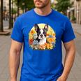 Cute Boston Terrier Spring Flower Garden Colorful Puppy Dog Men's Casual T-Shirt Royal Blue