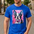Dog Pink Boston Terrier Men's Casual T-Shirt Royal Blue