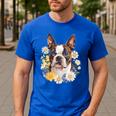 Floral Boston Terrier Men's Casual T-Shirt Royal Blue