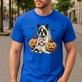 Halloween Boston Terrier Ghost Men's Casual T-Shirt Royal Blue