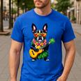 Hawaiian Boston Terrier & Pineapple Ukulele Summer Vacation Men's Casual T-Shirt Royal Blue