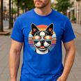 Retro Sunset Sunglasses Boston Terrier Boston Bull Bostie Men's Casual T-Shirt Royal Blue