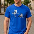 Skeleton Chasing Dog Boston Terrier Halloween Pet Lover Men's Casual T-Shirt Royal Blue