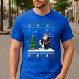 Ugly Christmas Tree Lights Xmas Santa Riding Boston Terrier Men's Casual T-Shirt Royal Blue