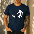 Bigfoot Walking With Bull Terrier Dog Men's Casual T-Shirt Navy