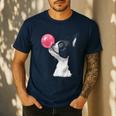 Boston Terrier Dog Blowing Chewing Bubble Gum Pink Men's Casual T-Shirt Navy