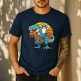 Boston Terrier Dog Riding Dinosaur T Rex Boys Men's Casual T-Shirt Navy