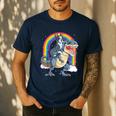Boston Terrier Riding Dinosaur T-Rex Boys Kids Rainbow Men's Casual T-Shirt Navy