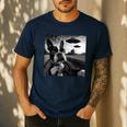 Boston Terrier Graphic Selfie With UFOs Weird Aliens Men's Casual T-Shirt Navy