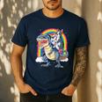 Boston Terrier Unicorn Riding Dinosaur T-Rex Girls Rainbow Men's Casual T-Shirt Navy