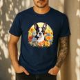 Cute Boston Terrier Spring Flower Garden Colorful Puppy Dog Men's Casual T-Shirt Navy