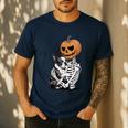 Halloween Skeleton Boston Terrier Men's Casual T-Shirt Navy
