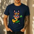 Hawaiian Boston Terrier & Pineapple Ukulele Summer Vacation Men's Casual T-Shirt Navy