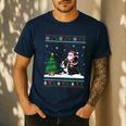 Ugly Christmas Tree Lights Xmas Santa Riding Boston Terrier Men's Casual T-Shirt Navy