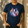 Watercolor Floral Boston Terrier Mama Dog Lover Mother's Day Men's Casual T-Shirt Navy
