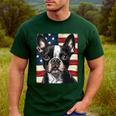 Boston Terrier Dog American Flag 4th Of July Patriotic Puppy Men's Casual T-Shirt Forest