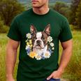 Floral Boston Terrier Men's Casual T-Shirt Forest