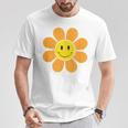 オレンジ70年代レトロファンキーフラワー、イエロースマイルフェイス Tシャツ 面白い贈り物