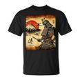 「夜明けの富士山と壮大な侍戦士」 Tシャツ